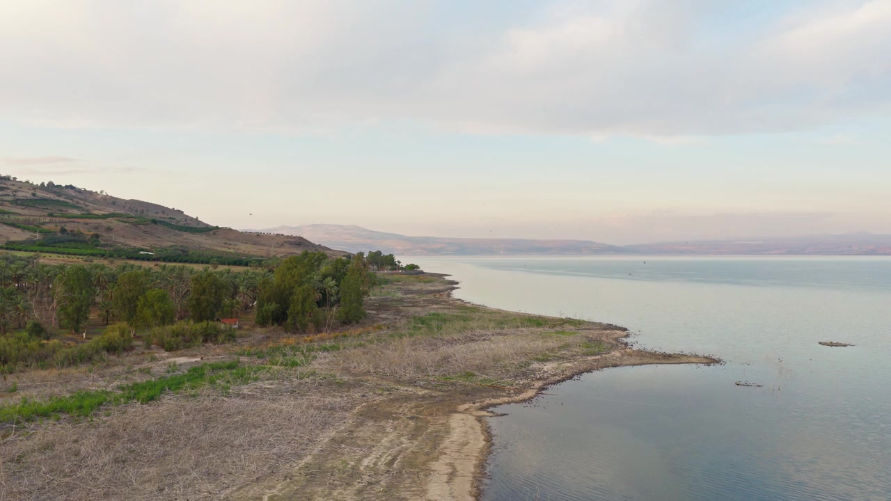 Ripresa aerea in tracking che vola lungo la costa naturale del Mar di Galilea (Kinneret) in Israele, mostrando l'acqua calma, spiagge sabbiose ed erbose, alberi verdi e dolci colline sullo sfondo.