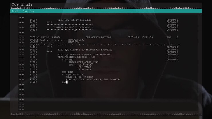 Animation of data processing on computer screen over male hacker using computer