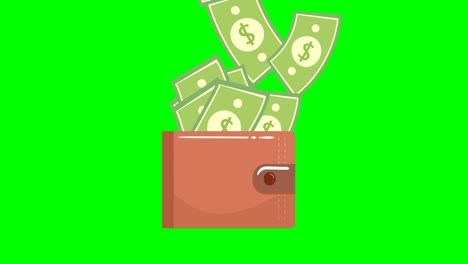 wallet with stacks paper money cash icon isolated on green screen. purse icon. cash savings symbol. 4k video motion graphic animation. flat animated icon. 4k animated digital currency.