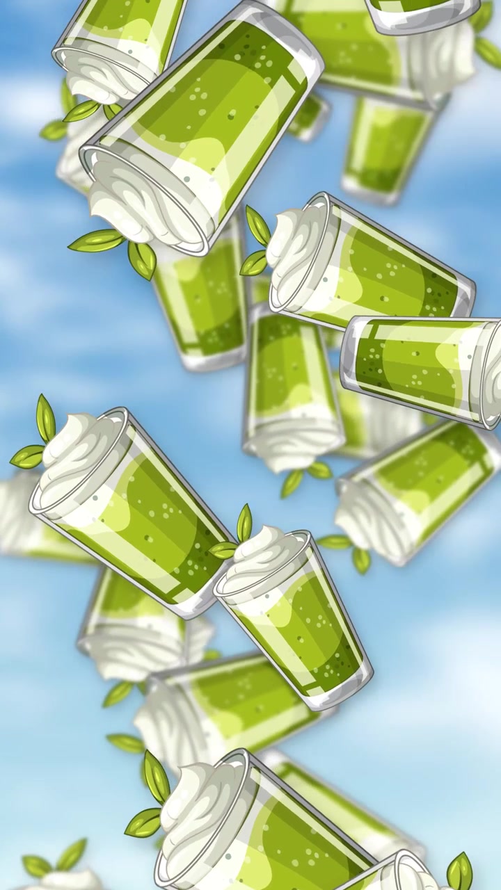 Stylized green tea smoothies with whipped cream fall through a bright blue cloudy sky.