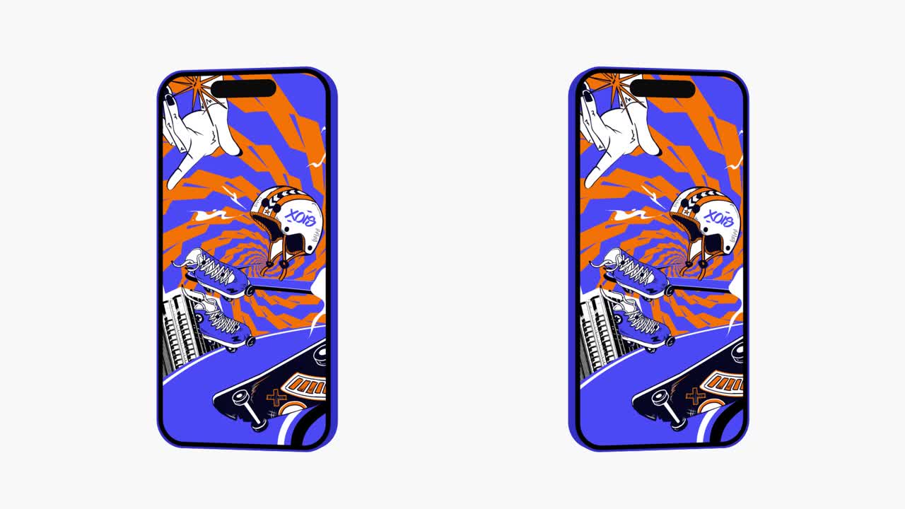 Animerede telefon-mockups med farverig skateboard- og rulleskøjtegrafik