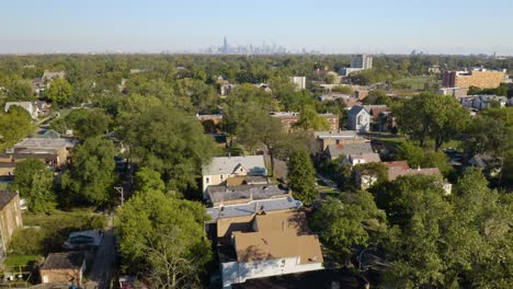 low income urban community in summer, aerial establishing shot