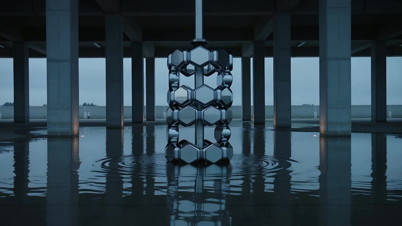 Rotating Metallic Hexagonal Sculpture Above Reflective Water Surface