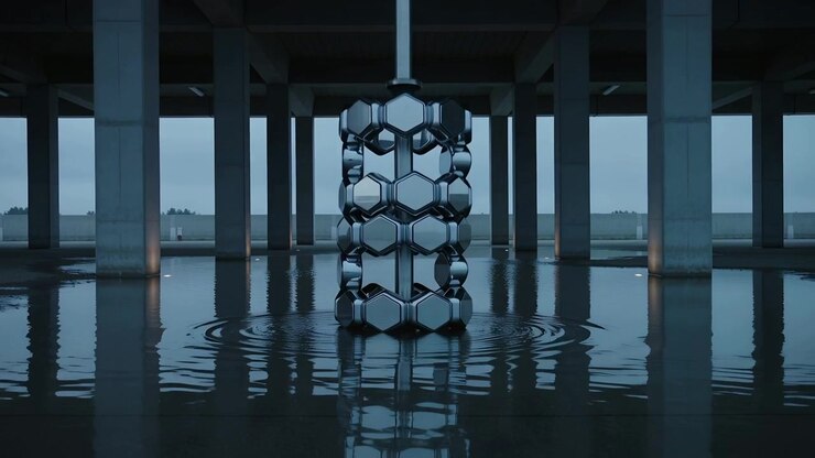 Rotating Metallic Hexagonal Sculpture Above Reflective Water Surface