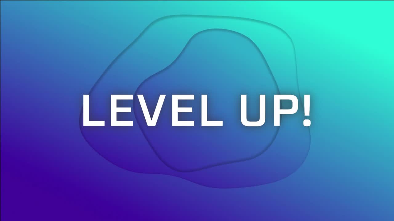Level up text over blue shapes on gradient background