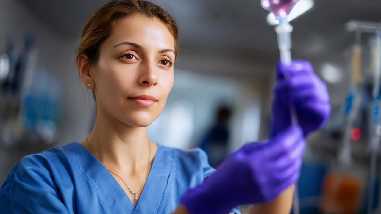 A healthcare professional in scrubs with gloves prepares an intravenous fluid bag in a clinical setting, showcasing the importance of sterile procedures and patient care in modern medicine