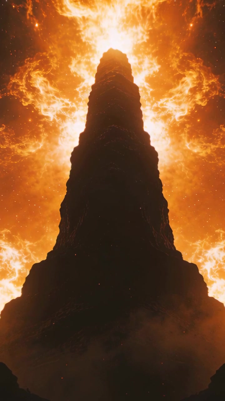 Vertical video: Pulsing light revealing lattice at rocky spire apex, halo flaring and embers rising