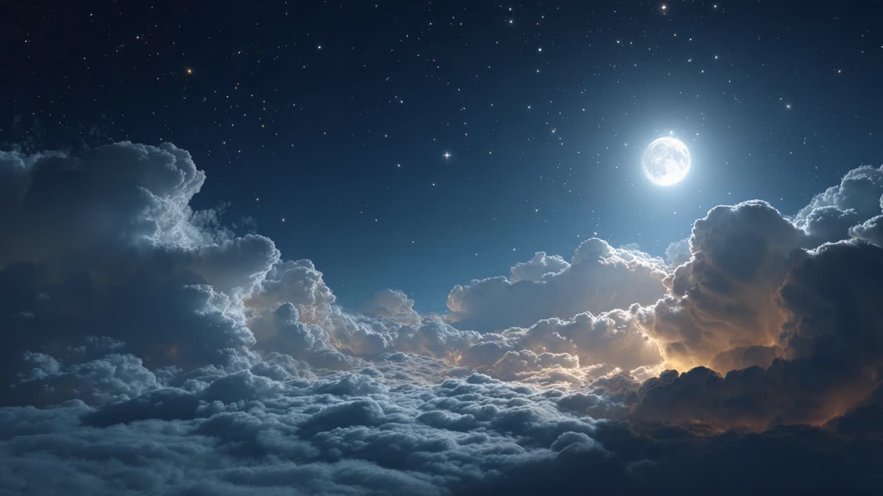 A Captivating Night Sky Scene: The Moon Illuminates a Sea of Clouds Under a Blanket of Stars, Creating a Magical Atmosphere of Celestial Beauty and Tranquility