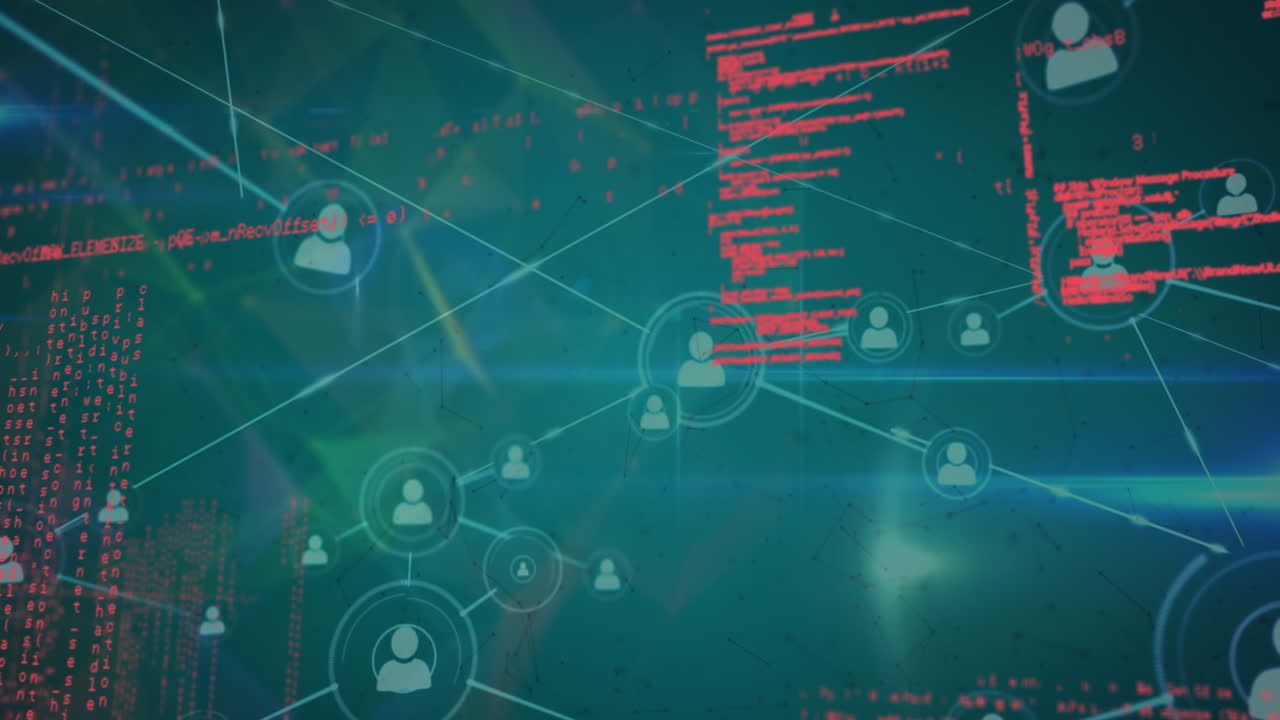 Animation of network of profile icons, data processing and light spot against green background