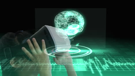 using virtual reality headset, person exploring digital brain animation over data grid