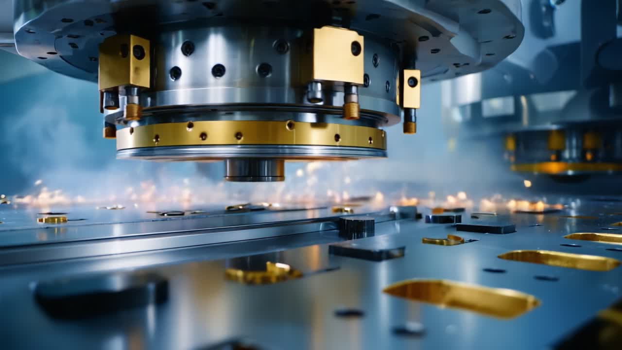 Precision Engineering at Work: A Close-Up of a High-Tech Machine Tool Cutting Metal with Sparks and Accuracy in an Industrial Environment