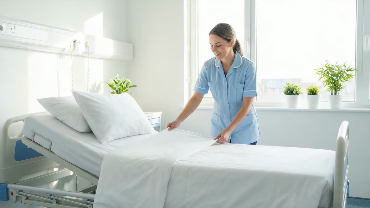 Pulling white sheet taut, nurse in blue scrubs smoothing tucking hospital bed pillows, copy space
