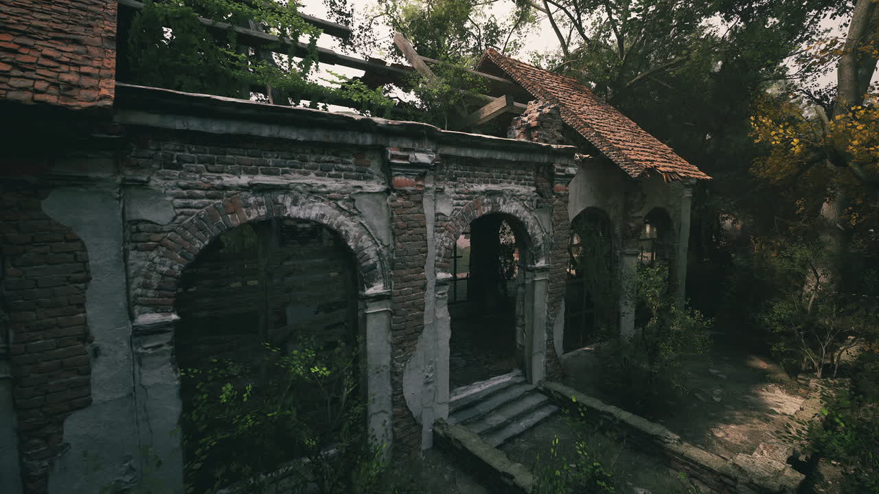 Abandoned building surrounded by overgrown foliage in quiet setting