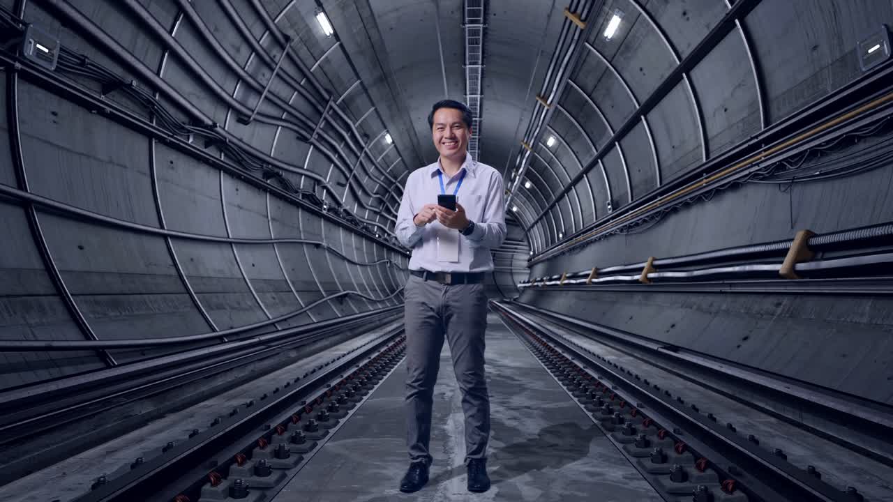 Full Body Of An Asian Male Professional Worker Standing With His Smartphone In Underground Subway Tunnel, He Is Looking At The Camera With A Smile