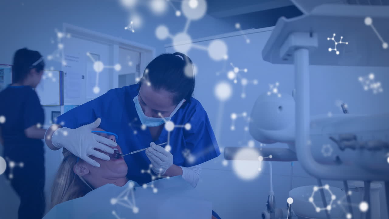 Animation of molecules over diverse female dentist and patient