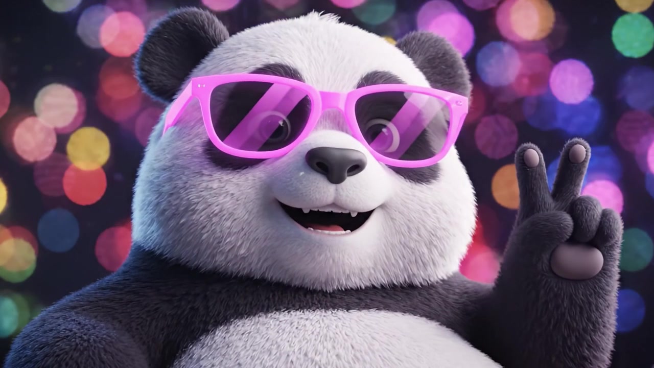 Un panda giocoso con eleganti occhiali da sole rosa posa con un'espressione allegra su uno sfondo bokeh vibrante e colorato, irradiando gioia e positività.