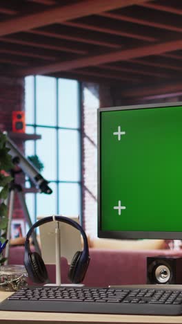 vertical video chroma key pc display in brick wall loft room