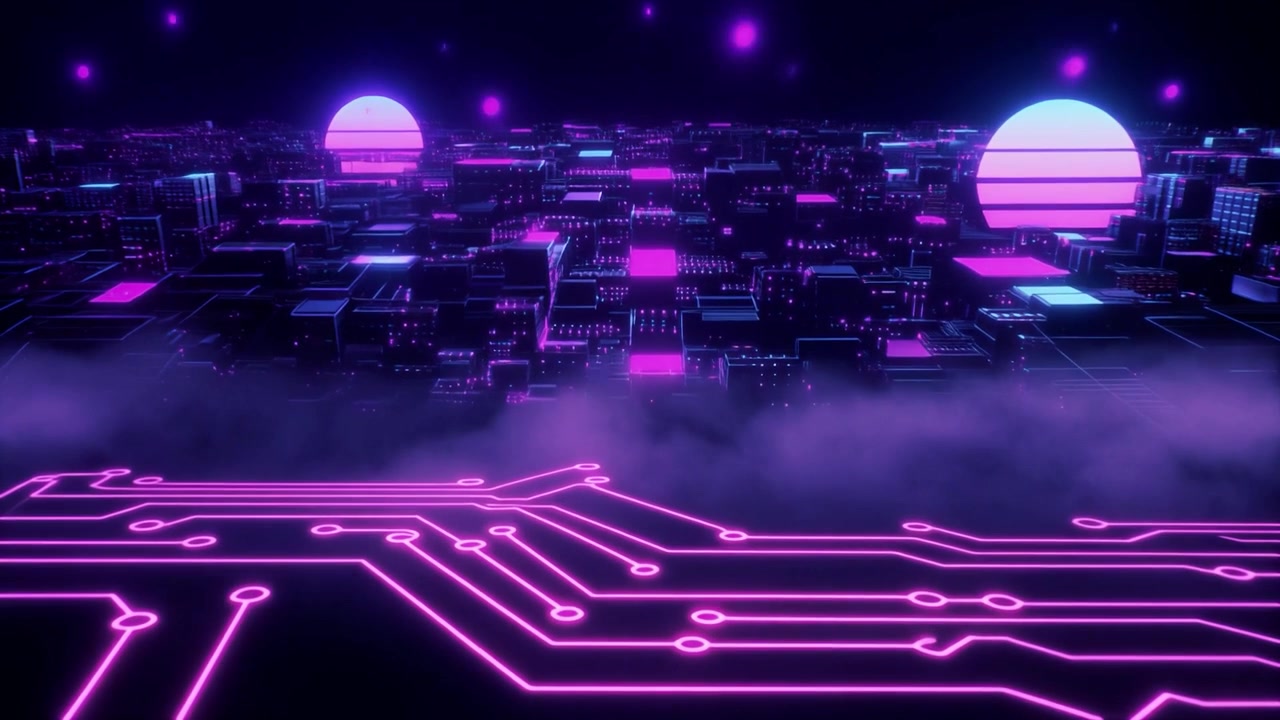 Paesaggio urbano cyberpunk futuristico con circuito stampato luminoso e soli al neon