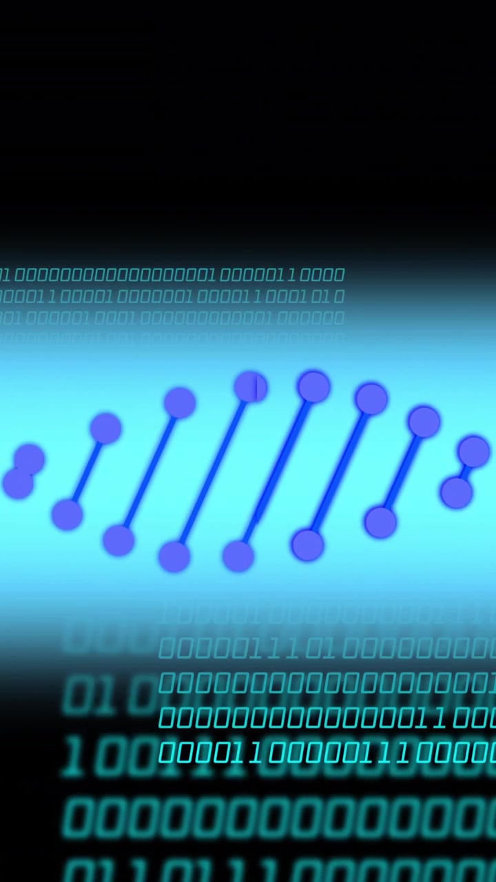 Animation of dna strand over data processing on black background