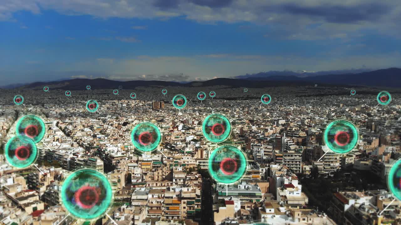 paisaje urbano aéreo, puntos de virus, áreas infectadas crecen, propagación de virus