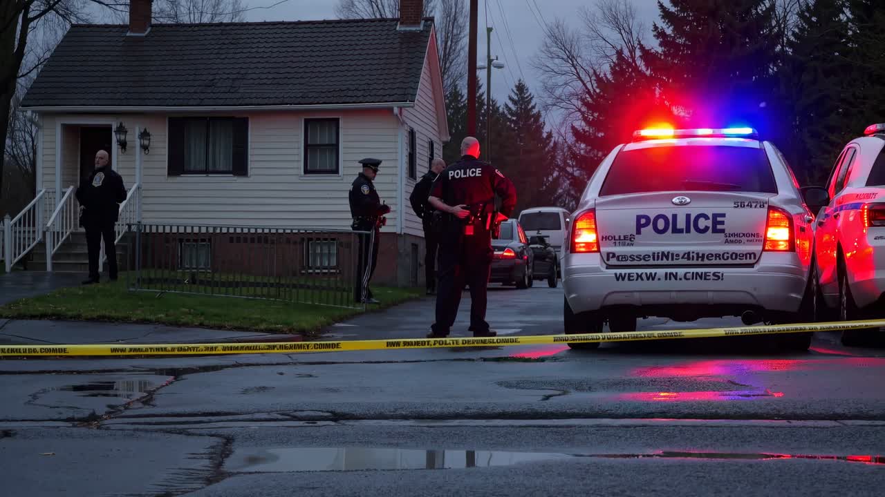 Evening street scene with police cars and officers, captured from a low angle