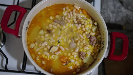 cooking traditional locro stew in rustic kitchen, latin american culinary heritage