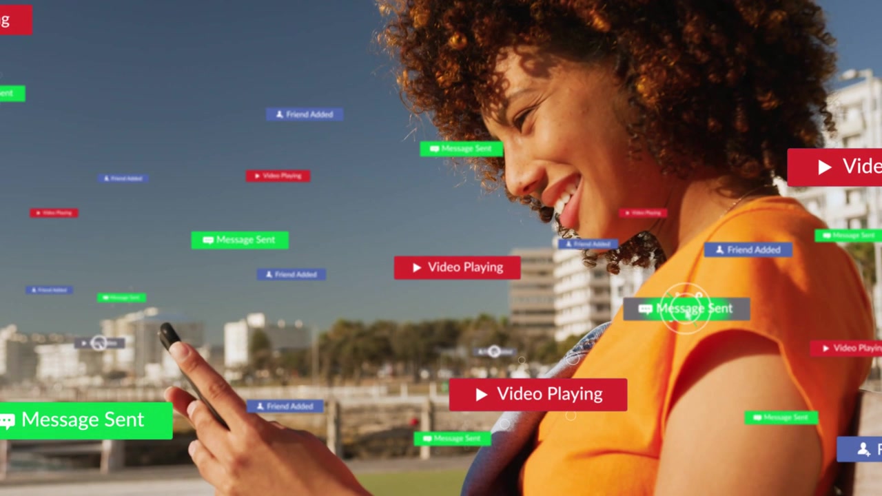 Woman tapping phone on waterfront, connecting via social app, badges multiplying near phone, fading