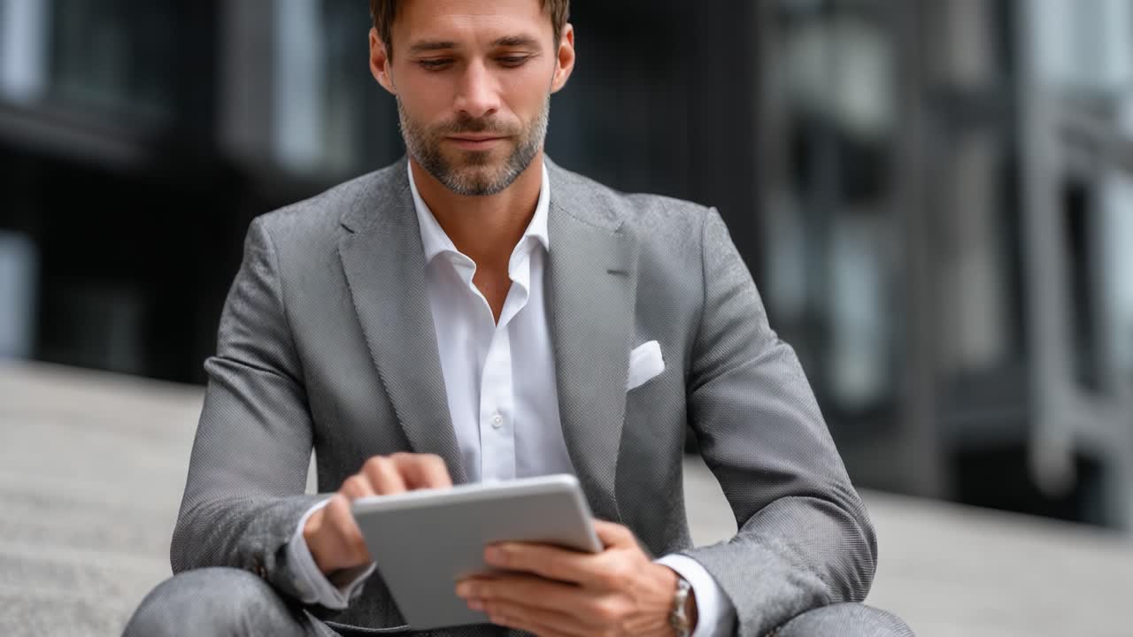 A Confident Man in a Grey Suit Utilizing a Tablet Computer While Sitting on Steps in an Urban Setting, Engrossed in Digital Engagement