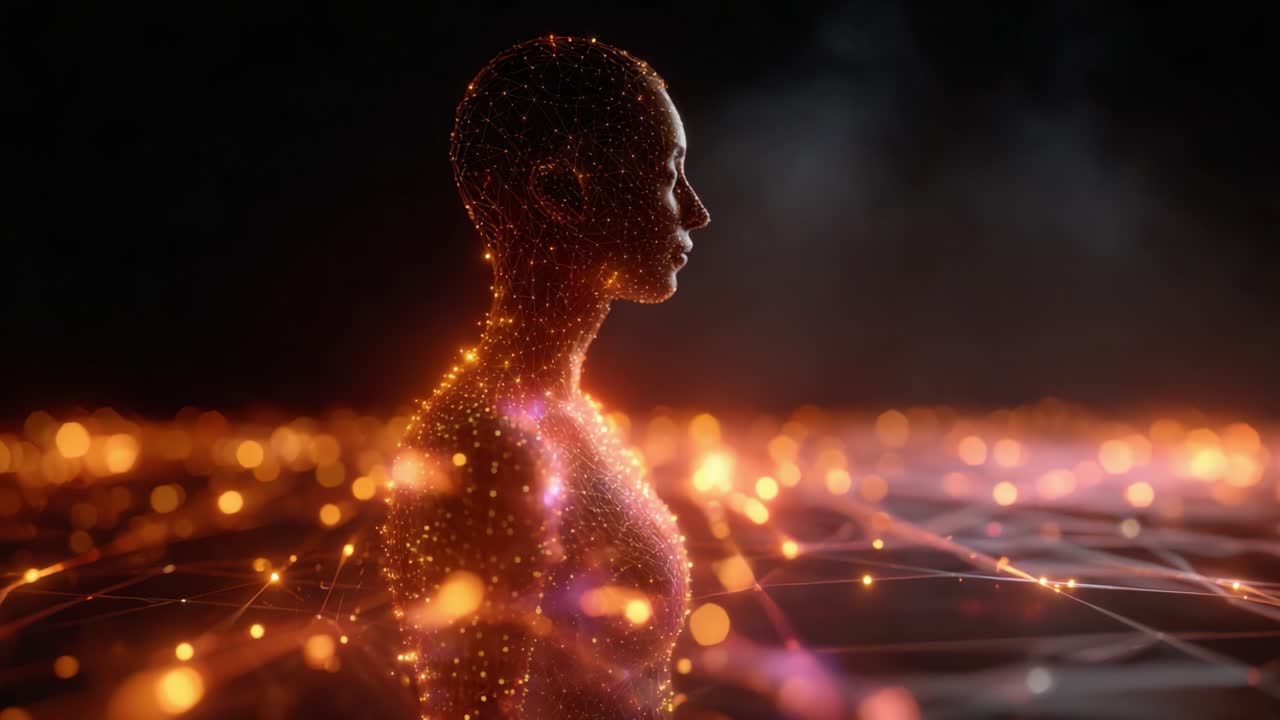 Una rappresentazione digitale di una figura umana formata da luci e particelle intricate, che mostra l'intersezione tra tecnologia e identità umana in una visualizzazione ipnotica.