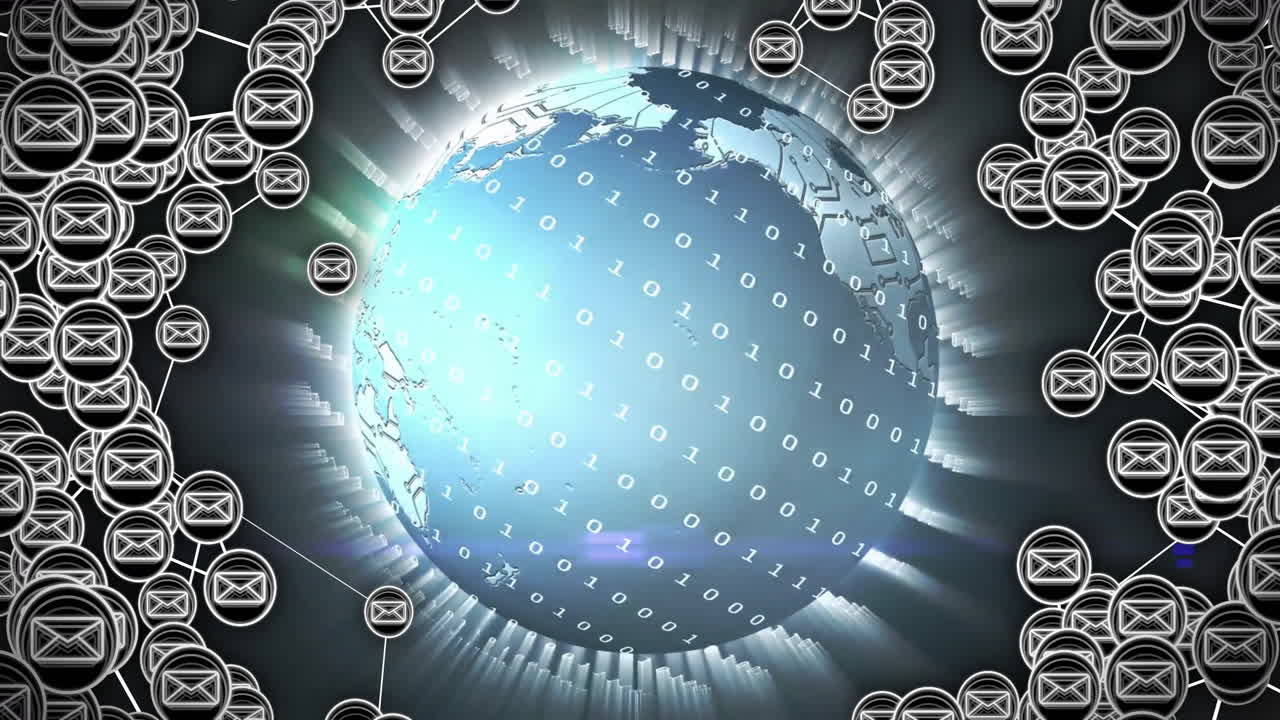 네트워크 연결 및 데이터 기호와 함께 전 세계에 대한 이진 코드 애니메이션