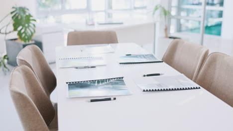 documents, table and meeting in empty room