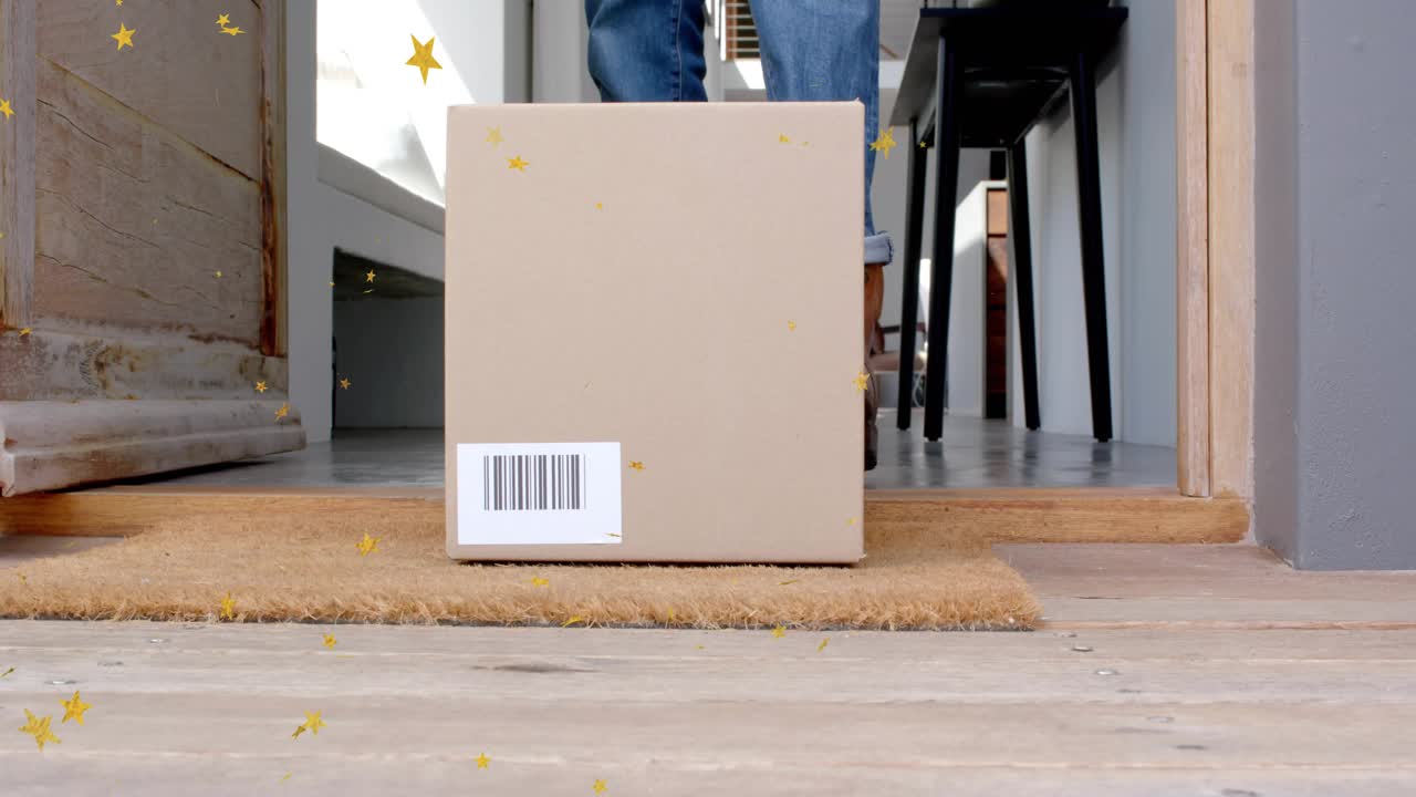 Door opening, man stepping inside, approaching barcode delivery box on mat, star confetti drifting