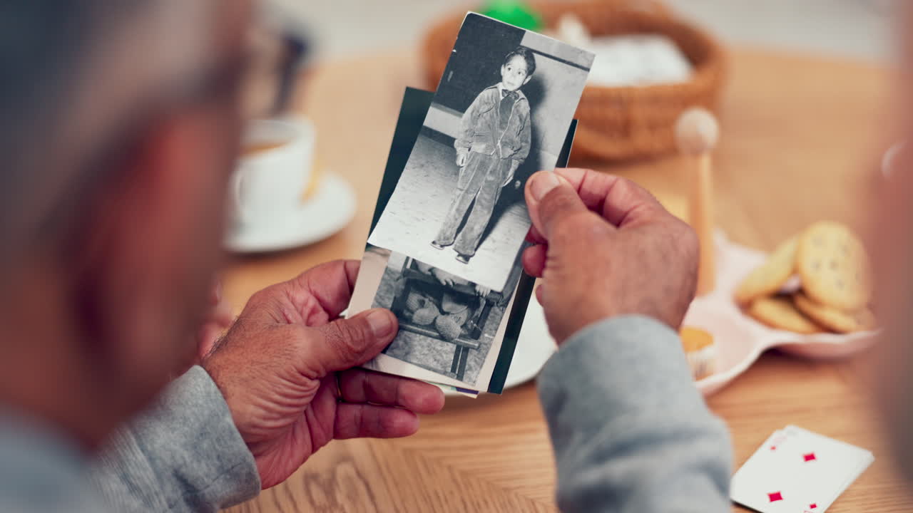 Hands, picture and memory with senior friends