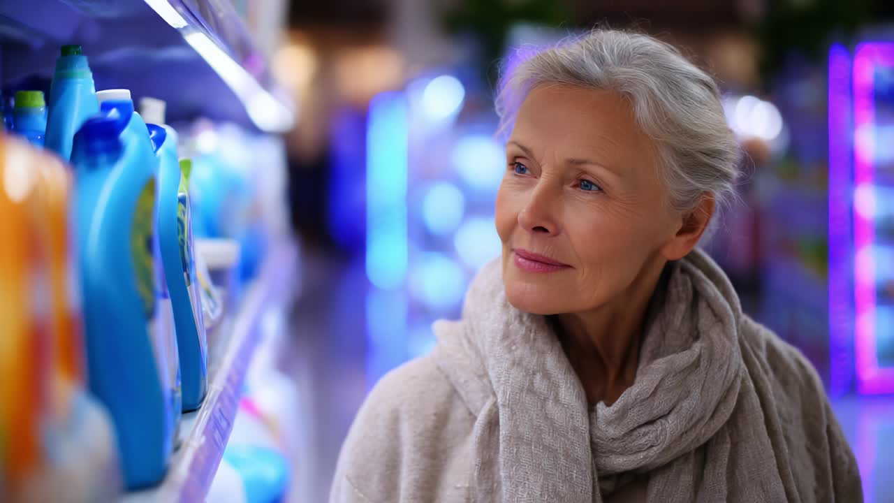 A Thoughtful Senior Woman Contemplating Household Products in a Supermarket Aisle While Shopping for Essentials, Surrounded by Colorful Packaging and Bright Store Lighting