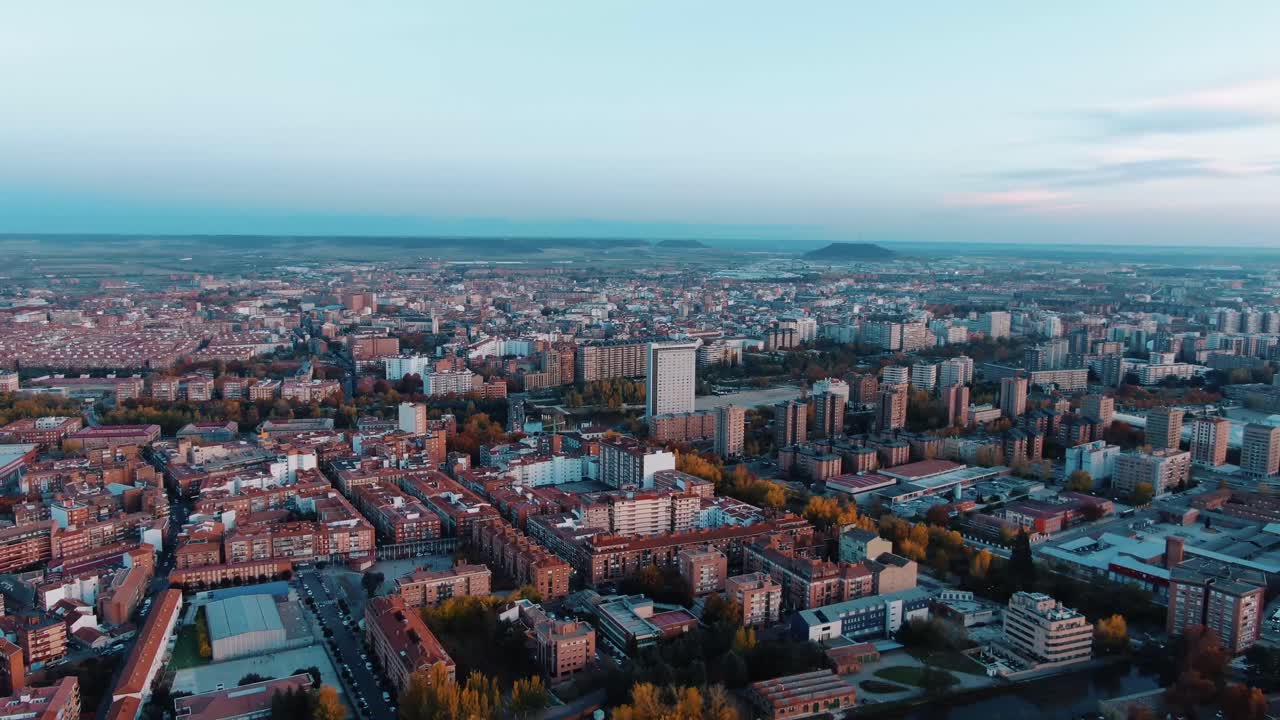 Valladolid, Spain aerial footage in autumn at sunset