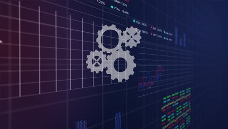 animation of mechanical gears with multiple graphs and trading boards over black background