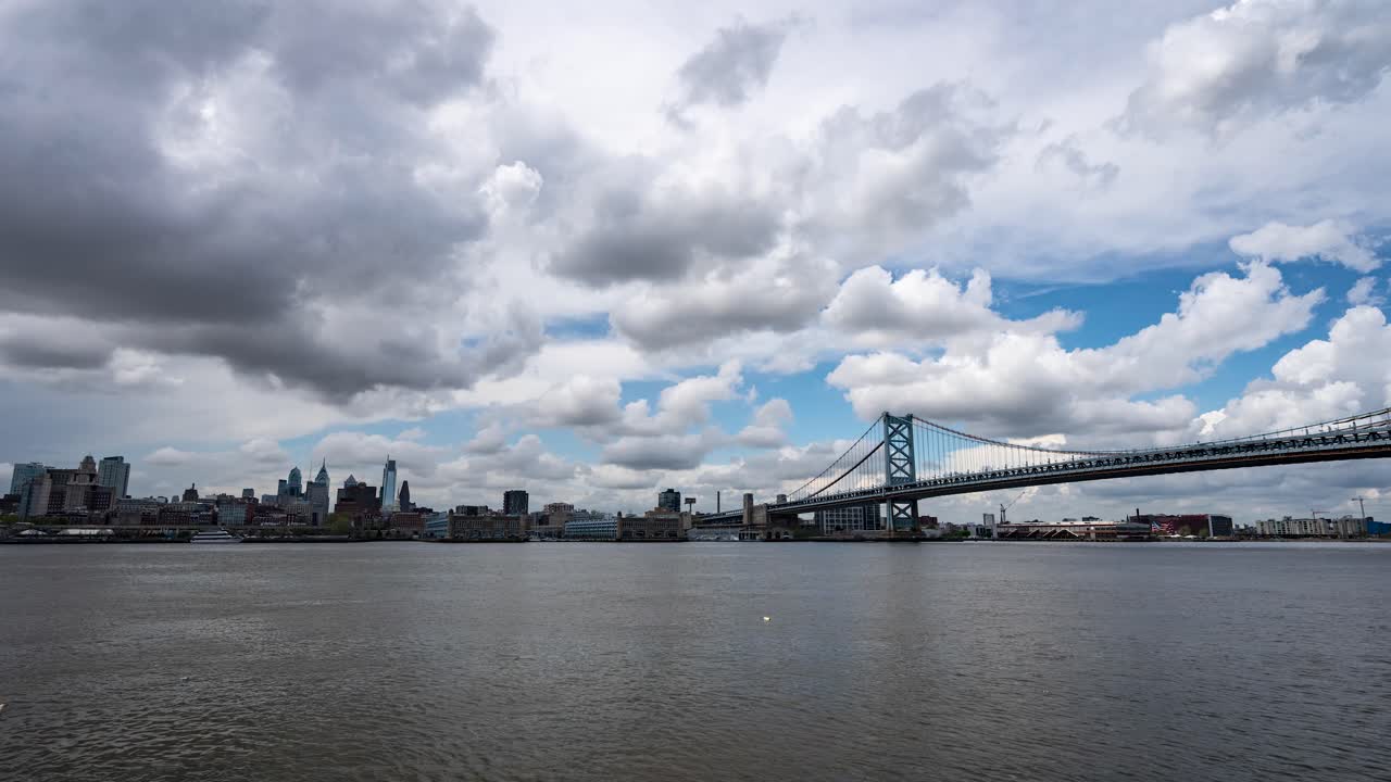 el horizonte de filadelfia en el tiempo sobre el tranquilo río delaware con el puente benjamin franklin en un día cálido y nublado