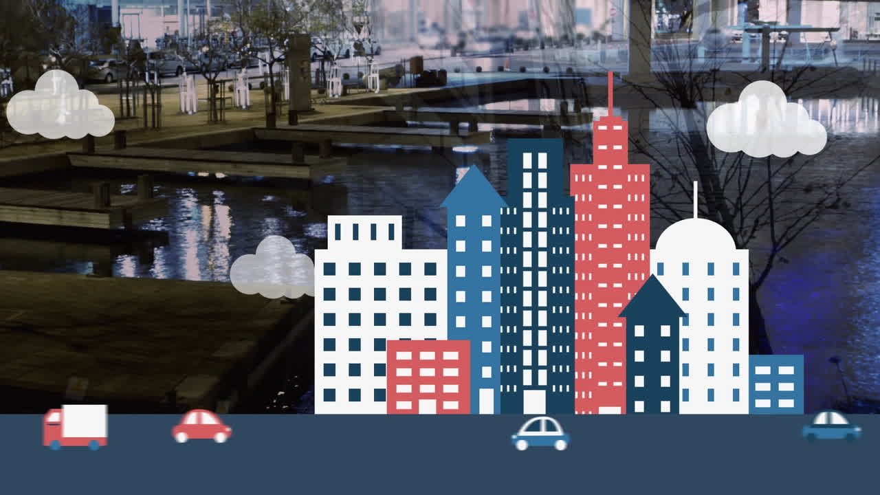 도시 풍경 위에 도시 그림의 애니메이션