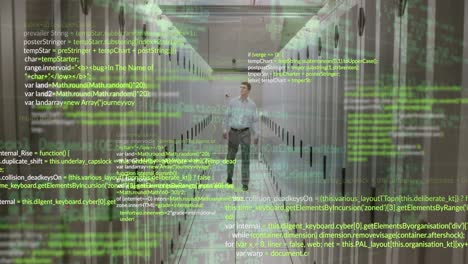 animation of data processing against caucasian male engineer walking at computer server room