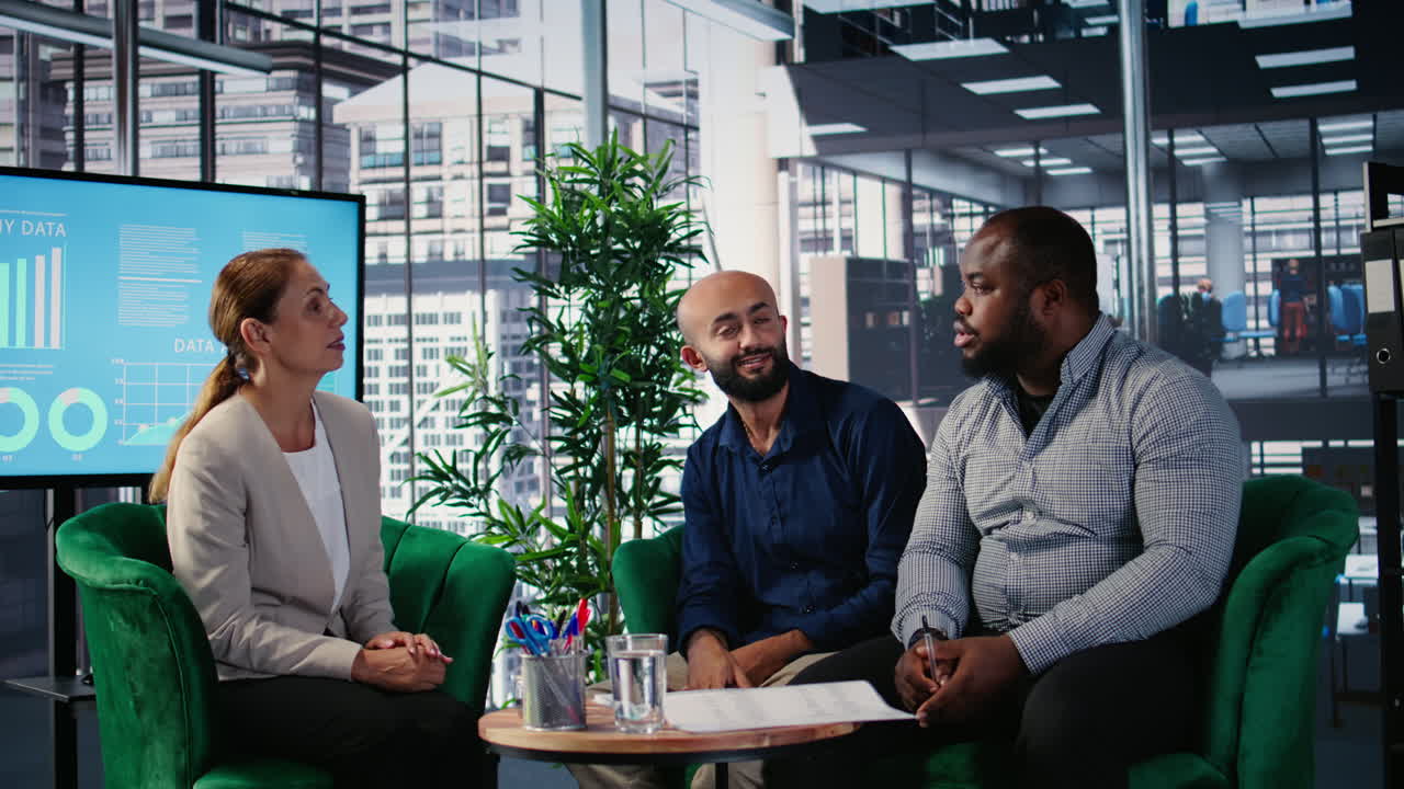 Vertical Video Business meeting in a corporate office involving executive decision making