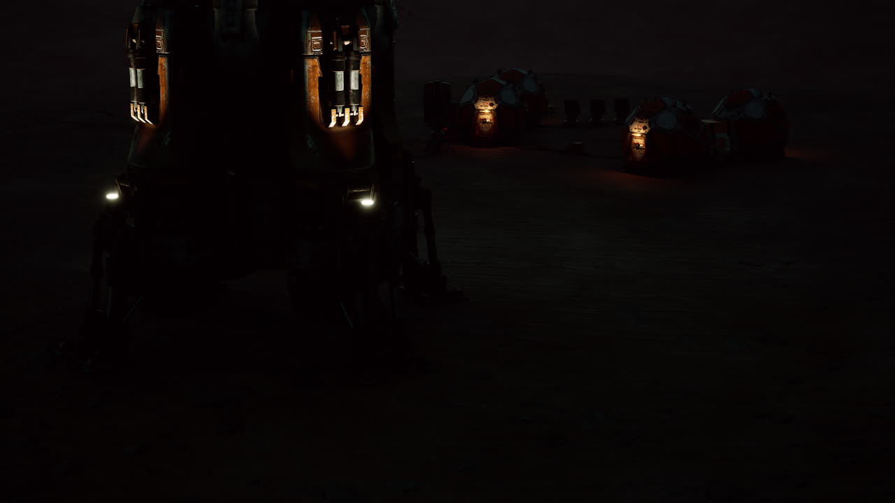 A mars colony base is illuminated against the dark martian landscape