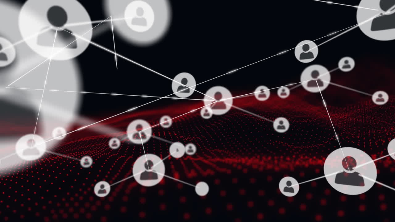 Animazione di una rete di connessioni con icone digitali su griglia rossa