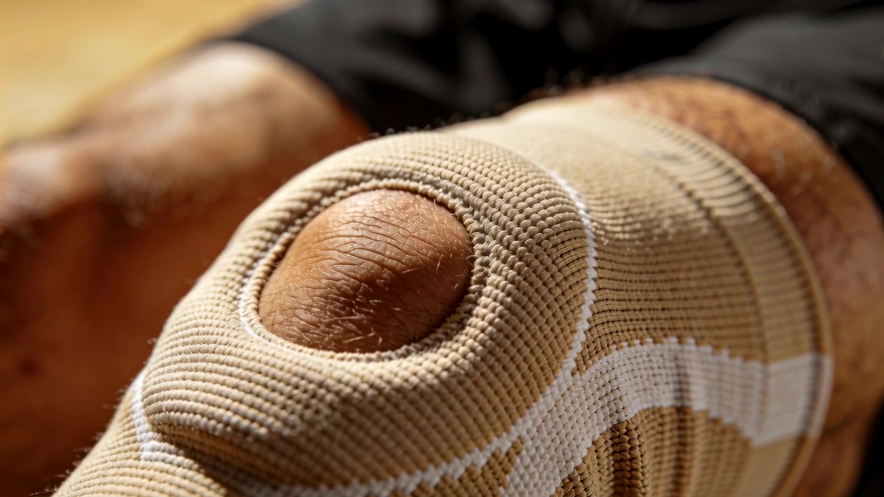 Kamera fokuserer på højre knæ med beige ærme, åben knæskal og shorts derhjemme, viser pasform.