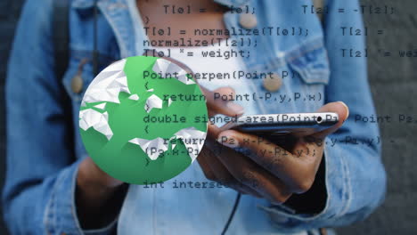 animation of data processing and globe over african american woman using smartphone