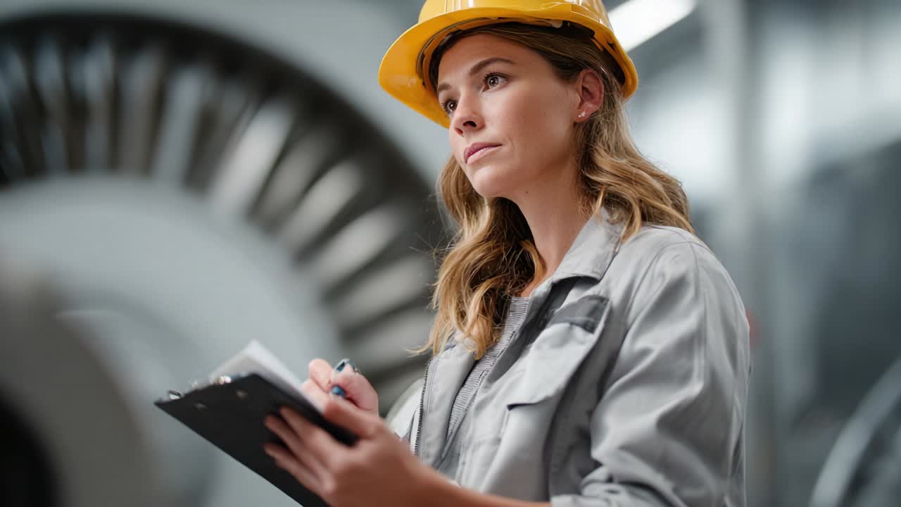 Woman in hardhat writing on clipboard in factory
