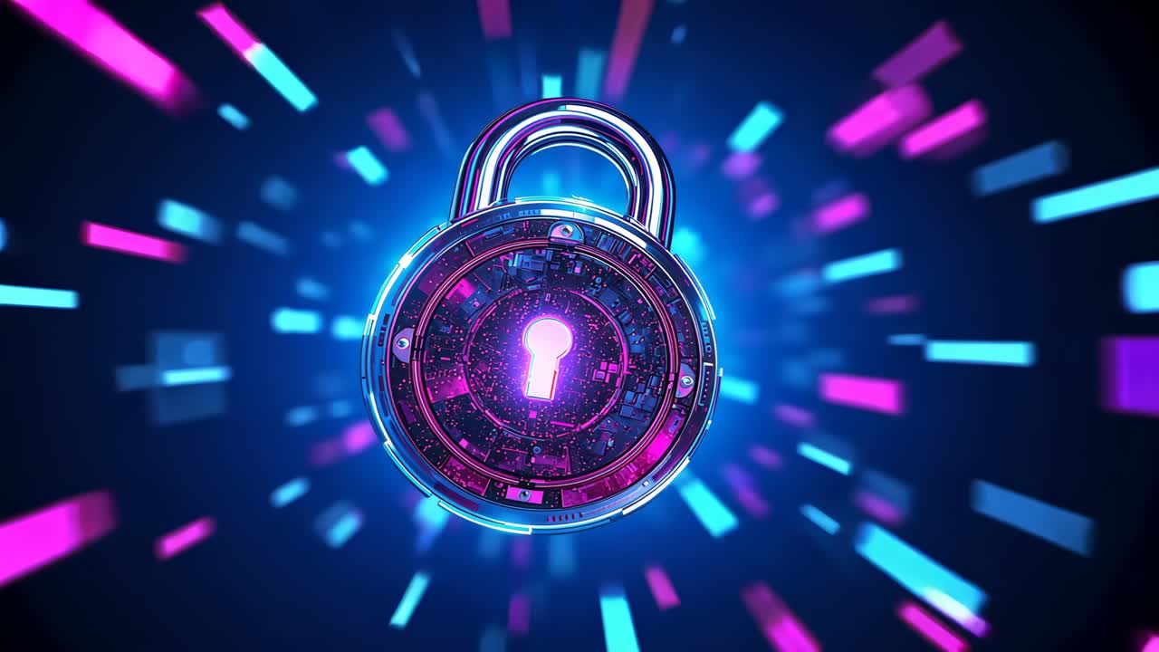 Glowing 3D padlock staying in data tunnel, neon-blue magenta blocks streaming outward around it
