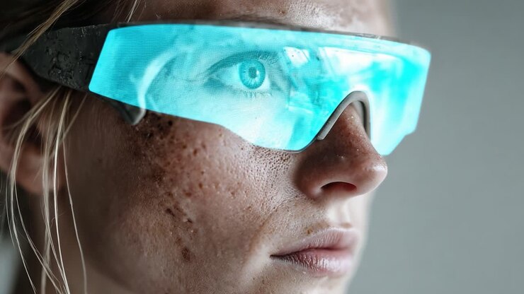 A Close-Up of a Determined Individual Wearing Futuristic Glasses Displaying Digital Interfaces, Highlighting Innovation and Focus in a Rugged Environment