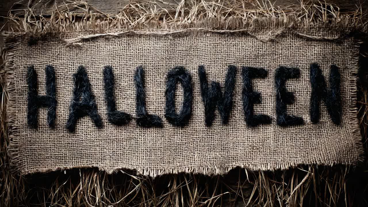 Mørkt halloween-ord laget av svart ull på en rustikk juteoverflate med halm under. Skummel, håndlaget dekorasjon for et skummelt partykonsept med en vintage, retro og håndlaget følelse