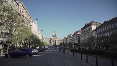 covid pandemic in prague, wide angle view of empty wenceslas square or vaclavske namesti