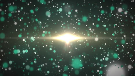 animación de ráfaga de luz brillante sobre partículas verdes y blancas flotantes